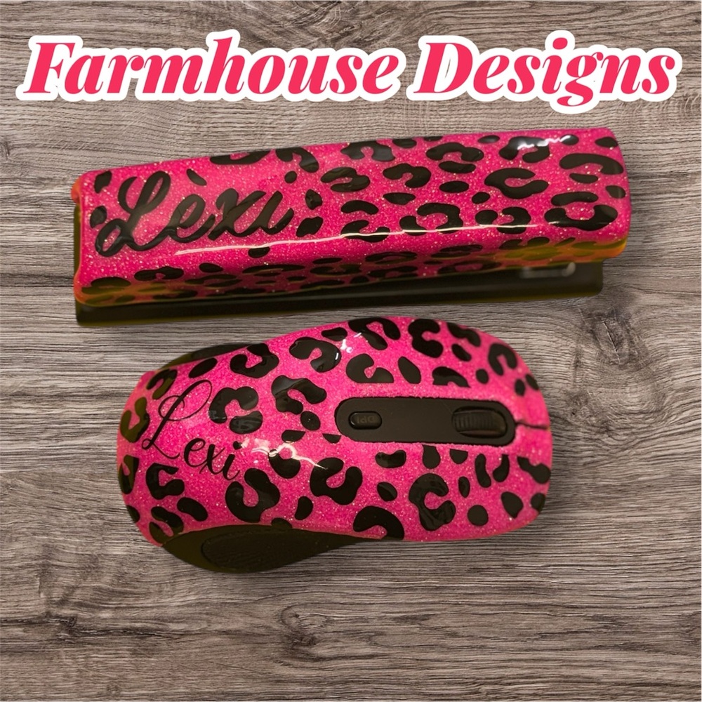 Pink Leopard Stapler and Mouse Set